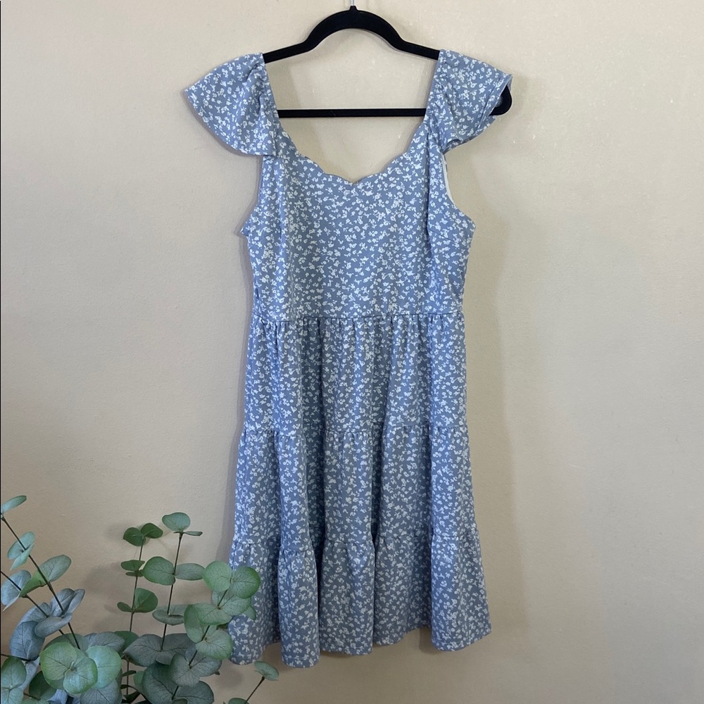 Monteau Los Angeles Blue Floral Mini Dress Ruffle Sleeve Cottagecore Flowy M